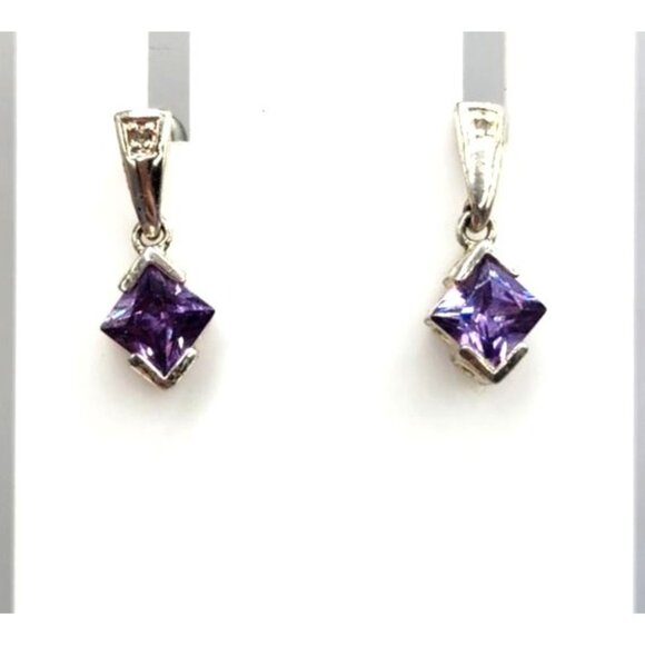 Silver Plated Square Amythyst Dangle Earrings - Stamped 925 - Picture 2 of 5